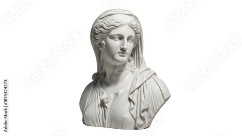 Marble bust of a woman isolated PNG on transparent background, classical sculpture of a draped female figure for art and design projects