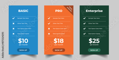 Modern Pricing Table with Basic, Standard, and Premium Subscription Plans
