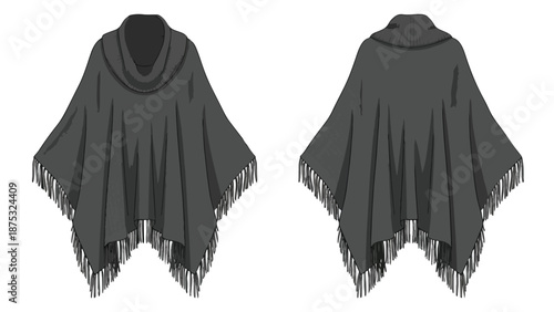 Modern dark grey women's poncho illustration, showcasing front and back views with a distinct cowl neck and stylish fringe, perfect for fashion