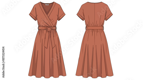 Elegant fashion flat of a terracotta wrap dress, showcasing a V-neck, short sleeves, and a tie belt, with front and back views for apparel design