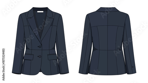 A modern women's navy blue blazer illustration, showing front and back. Ideal for fashion design and corporate projects, it embodies sleek