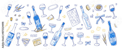 Italian wine bottle and cheese crayon sketch illustration. Hand-drawn doodle icon for summer picnic menu, party invitations and Mediterranean dinner design. Vector scribble set isolated on white bg.