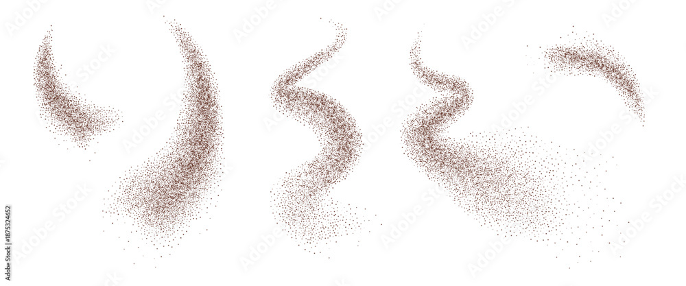 Obraz premium Grounded coffee or spice gradation fly stroke shapes set. Grainy texture splash wavy long elements. Dark brown sand dotwork forms. Vector gritty wavy lines. Grunge food figures.