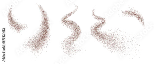 Grounded coffee or spice gradation fly stroke shapes set. Grainy texture splash wavy long elements. Dark brown sand dotwork forms. Vector gritty wavy lines. Grunge food figures.