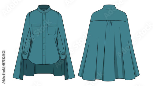 Technical flat drawing for a modern women's teal blouse featuring an integrated cape detail band collar button front and dual chest pockets perfect