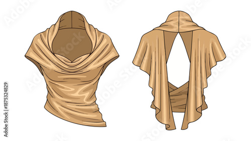 Detailed technical flat drawing showcasing a women's draped cowl neck top with elegant open back design a refined fashion illustration for garment