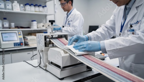 Technicians perform precise dry rub fastness tests on narrow fabric samples in a bright controlled textile lab environment ensuring color durability and quality standards.