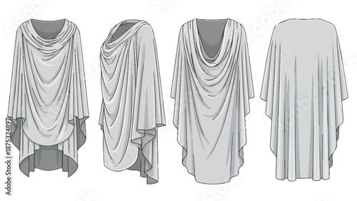 Fashion flat vector illustration of a women's relaxed fit cowl neck draped tunic top showcasing various views