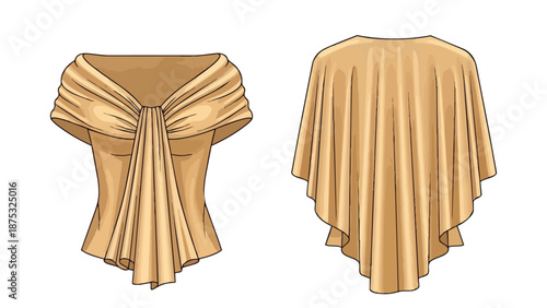 Elegant golden draped garment illustration for fashion design, showing sophisticated front and flowing back views.