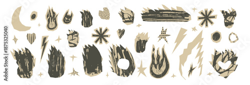Craft fire, stars paper cutouts icons with ink grunge texture. Doodle flames vector illustration set with rough punk rock decor. Collage design elements. Scrapbook bonfire forms set isolated no bg.