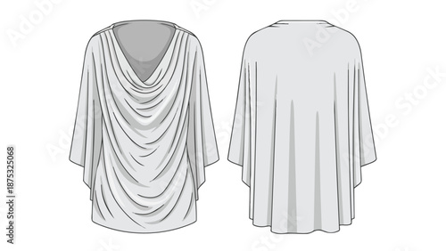 Technical flat sketch of a women's draped cowl neck blouse with flowing sleeves for apparel design