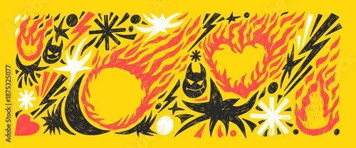 Punk rock crayon doodles with fire frames. Funky fireball, burned heart frames scribbles. Scrawl flames icons text boxes pattern set. Bonfire collage background. Vector naive simple elements isolated.