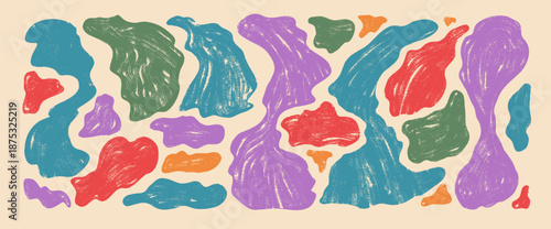 Bright crayon textured pattern with colorful blobs spots. Freeform shapes, uneven abstract amoeba-like patches across beige background. Vector camouflage blobs bg illustration. Liquid abstract pastel.