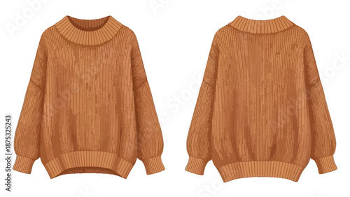 A detailed fashion illustration of a cozy oversized knitted sweater with distinct ribbed texture showcasing front and back views perfect for autumn