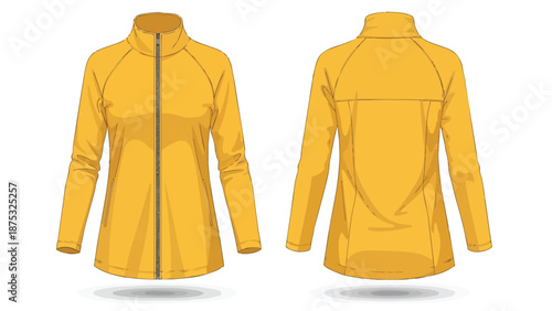 Bright yellow long-sleeved athletic jacket illustration front and back views ideal for activewear fashion design templates garment mockups