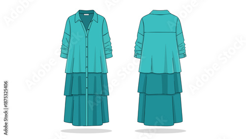 Fluid aqua long-sleeve top and tiered maxi skirt set for effortless style perfect for contemporary wardrobe designs offering versatile and