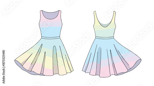 An exquisite vector illustration showcasing a delightful pastel rainbow gradient sleeveless dress, presented with both front and rear views,