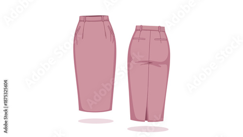 Elegant flat-lay illustration of a professional pink pencil skirt design front and back views for fashion templates