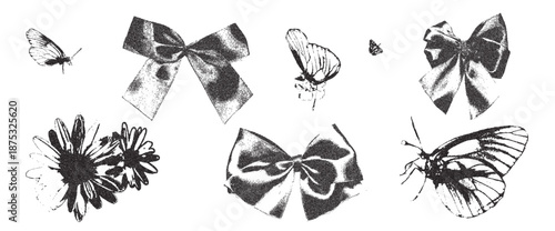 Halftone photocopy vintage bow, butterfly, flower. Ribbon and daysi summer threshold collage effect. Dotted stippling black grunge elements. Vector y2k gritty retro coquette shapes isolated no bg.