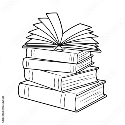 a stack of books with one book open on top