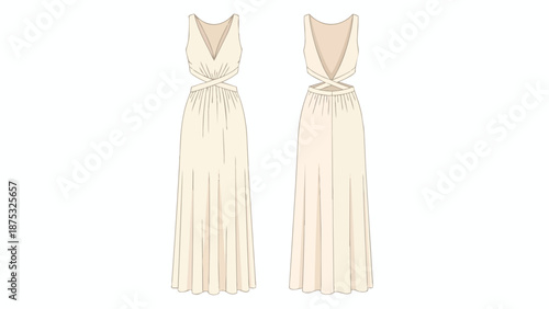 Fashion flat sketch of a stylish cream sleeveless maxi dress, displaying a v-neck and modern waist cut-outs, illustrated in front and back for