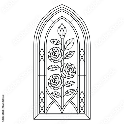 stained glass window with roses and leaves design