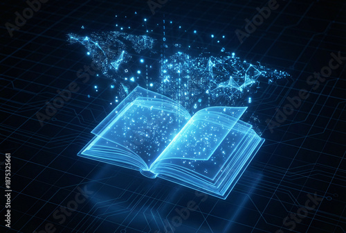 Digital book with artificial intelligence data interface showing future education learning knowledge and advanced technology concept.