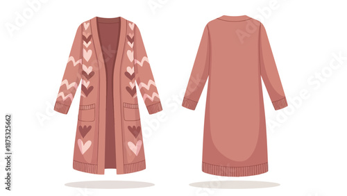 Charming long cardigan with heart and chevron patterns, a cozy illustrative fashion piece.