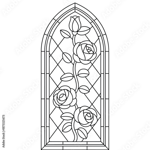 black line drawing of a stained glass window with roses
