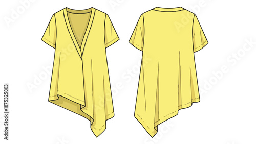 Vibrant lemon yellow asymmetric tunic top flat fashion illustration with a stylish draped hemline and comfortable short sleeves, showcasing modern