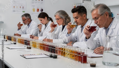 Flavor panel experts evaluating different beverage batches focusing on detecting subtle taste nuances and aroma profiles to refine and perfect new recipes.