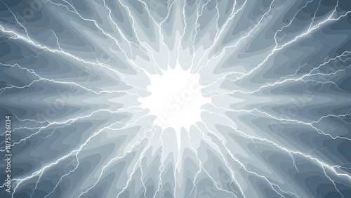 Abstract blue lightning blast with powerful electric bolts and energy shockwave, vector storm illustration on gray background, power and intense weather concept