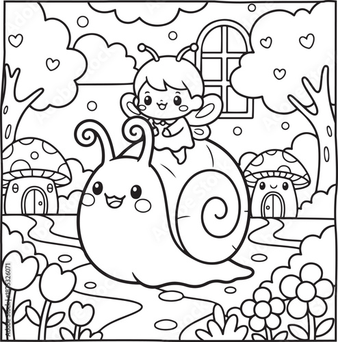 Cute little girl riding a giant snail in a mushroom forest, kids coloring page, Kawaii style line art