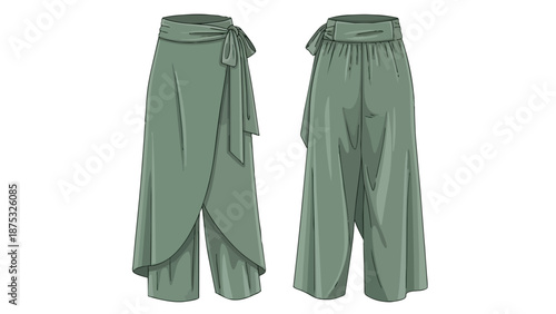 Fashion illustration of women's sage green high-waisted wrap pants featuring a stylish front tie closure and a comfortable wide-leg silhouette concept