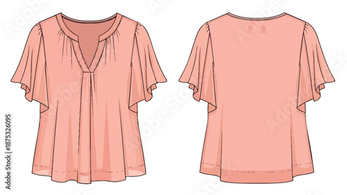 Detailed front and back technical flat sketch of a stylish women's v-neck blouse featuring elegant flutter sleeves, perfect for spring and summer