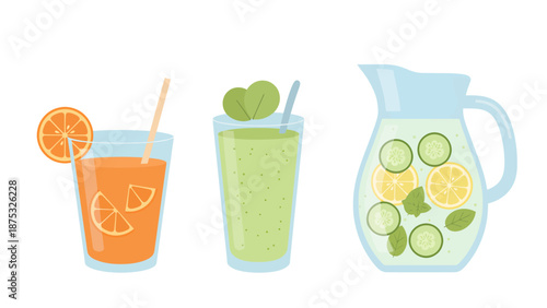 Fresh Healthy Drinks Illustration Set with Fruit and Herbs