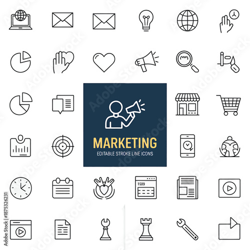 Marketing icons and symbols in a grid layout with various business related graphics