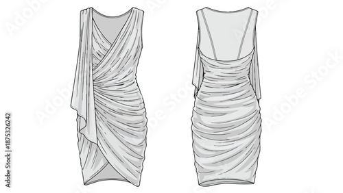Technical fashion drawing of a women's elegant draped bodycon cocktail dress. Front and back views detailed with asymmetrical ruching and sleek