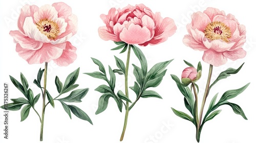 Sweet pink peonies in watercolor showing floral design for botanical illustrations and art collections