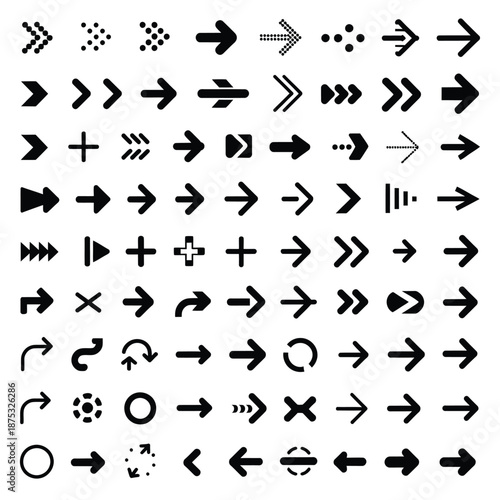 Collection of various black arrows and symbols on a white background