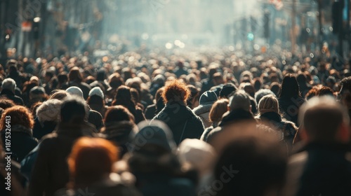 Dense population of people walking through a sunny urban street or square.