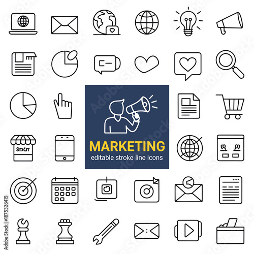 Marketing icons and symbols in a grid layout with a central logo