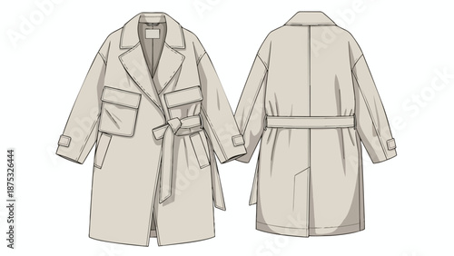 Detailed technical illustration of a contemporary oversized belted coat front and back views