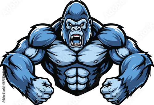 Angry, blue, gorilla, mascot, flexing, muscular, torso, fitness, gym, bodybuilding, power, primate, animal, strength, workout, training, athlete, vector, illustration, character, sport, emblem