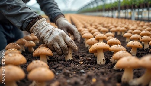 Agricultural worker, wearing gloves, is carefully harvesting mushrooms in a greenhouse, surrounded by rows of fresh produce, showcasing sustainable farming practices and dedication to quality
