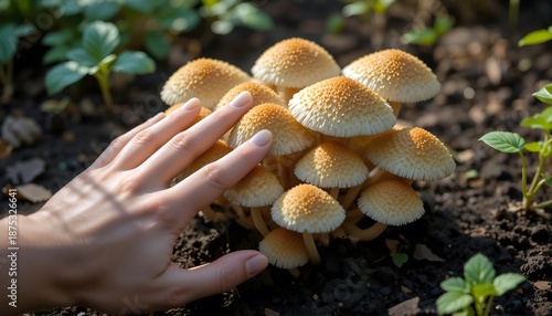 Hand gently touching a cluster of vibrant mushrooms growing in rich soil, surrounded by green plants, showcasing the beauty of nature and the delicate interaction with the environment