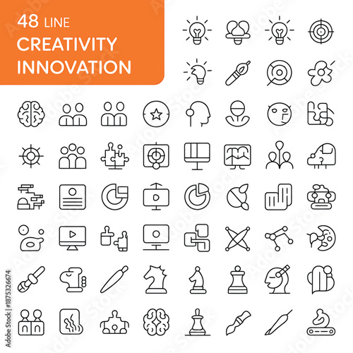 A collection of line icons related to creativity and innovation concepts