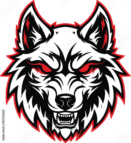 Angry, wolf, head, mascot, logo, vector, illustration, predator, wild, animal, husky, werewolf, gaming, esport, emblem, aggressive, red, eyes, white, fur, isolated, design
