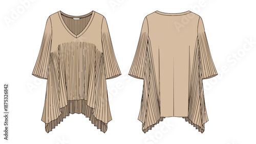 Technical fashion illustration of a contemporary pleated asymmetric women's tunic top design in a neutral beige hue