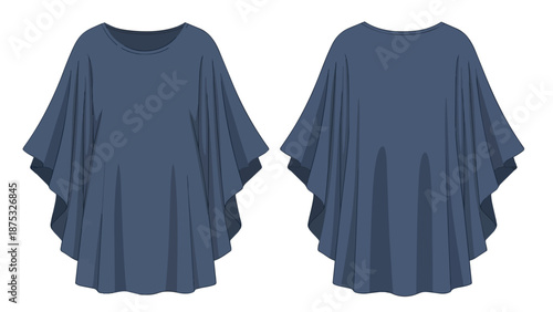 Versatile Indigo Blue Women's Loose Fit Tunic with Flowy Sleeves Front and Back View Casual Apparel Design Illustration